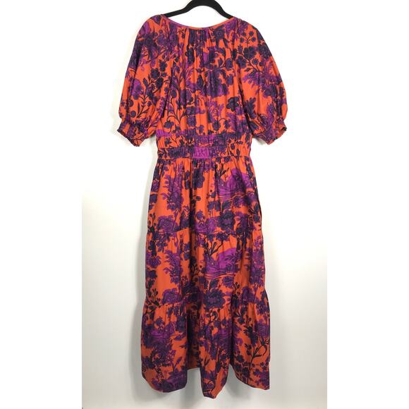 Anthropologie Women's M Somerset Puff Sleeve Maxi Orange Purple Floral Dress - Picture 10 of 15